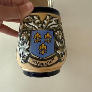Original King German Beer Stein Wiesbaden Fleur De Lis Pewter Lid Ceramic Vinage